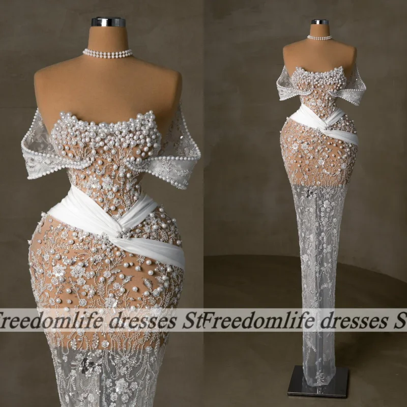 Sexy See Through Wedding Party Dresses Beading Sequin Evening Dress Luxury Off Shoulder Mermaid Prom Gowns  Customized