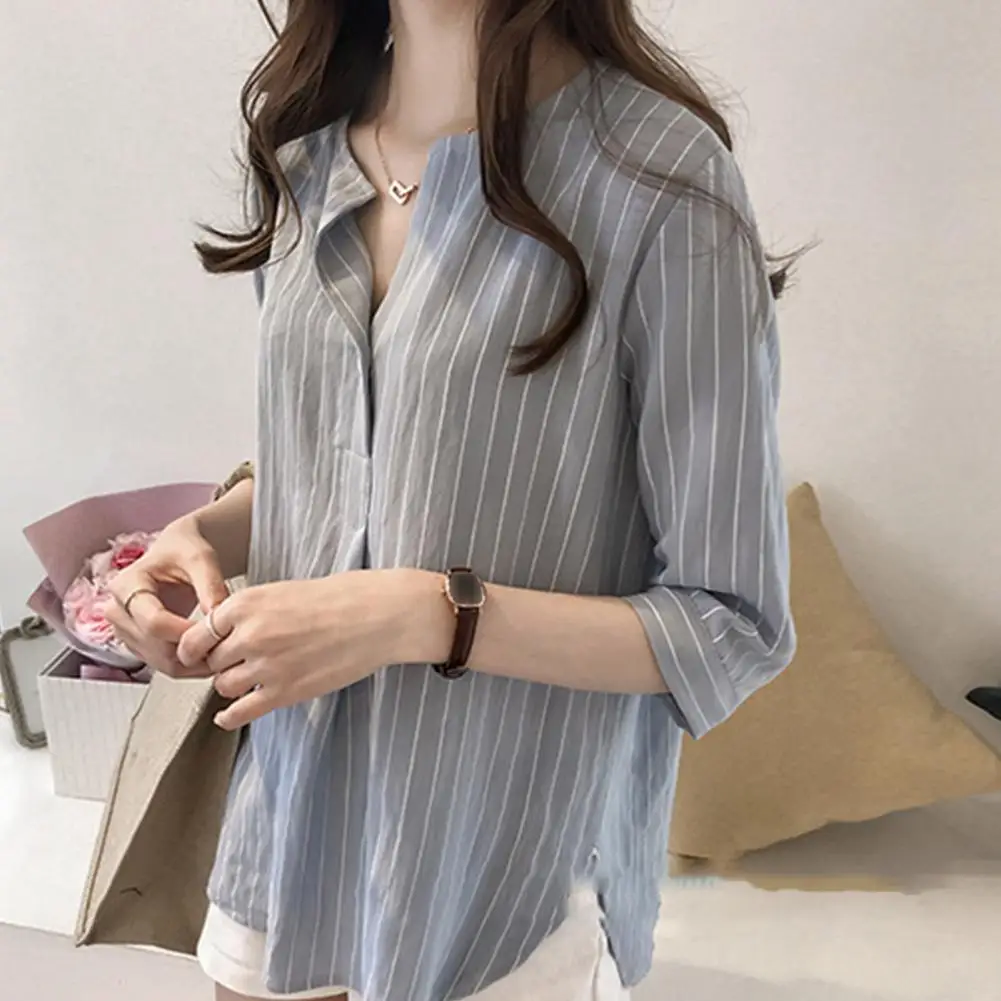 Vrouwen Shirt Gestreepte Print V-Hals 3/4 Mouwen Office Lady Working Shirt Top Elegante Zomer Vrouwen Werkkleding Streetwear