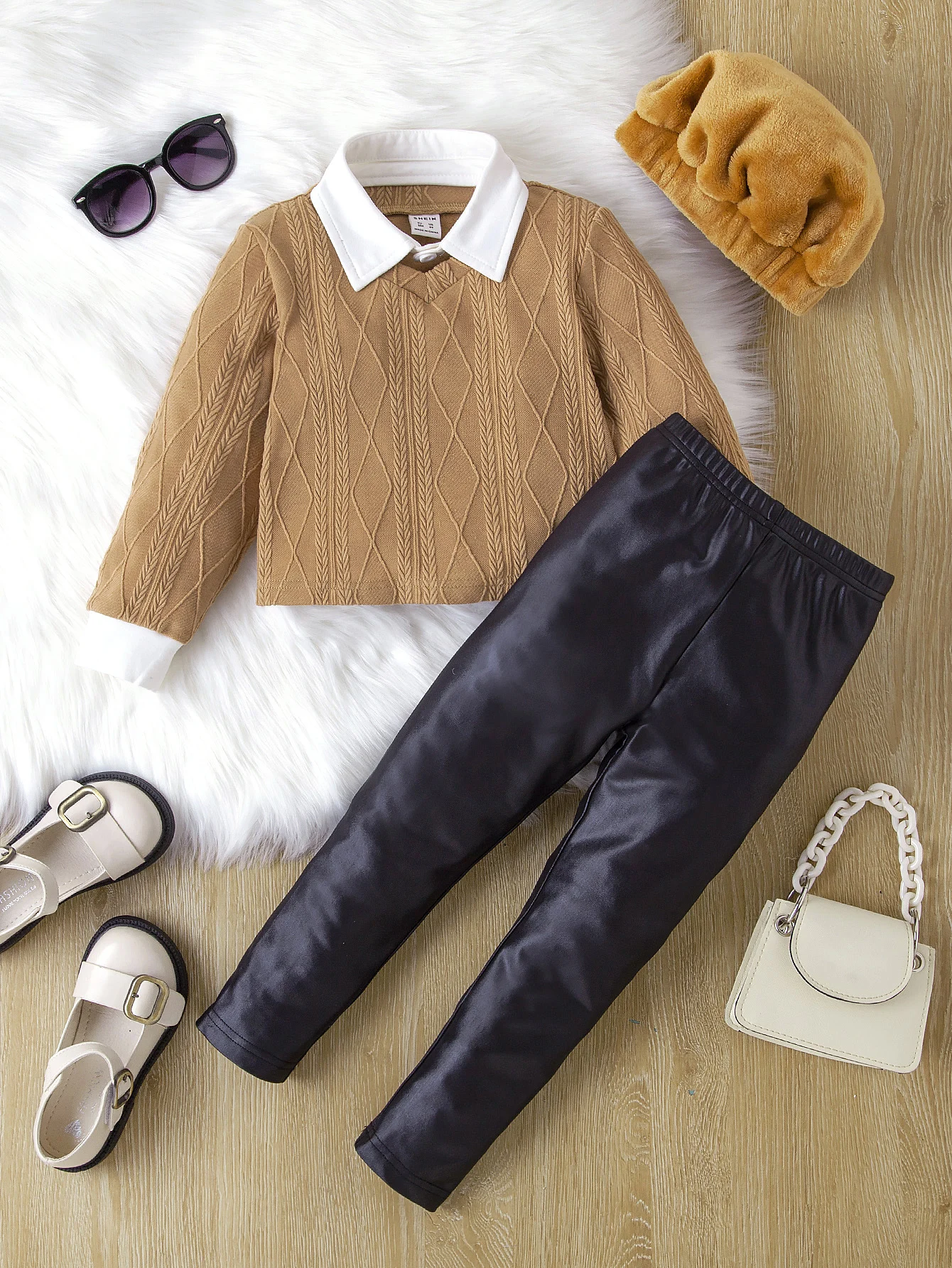 Girls' Long Sleeve Set Polo Collar Long Sleeve Top Long Leather Pants Set Fashion Minimalist Set