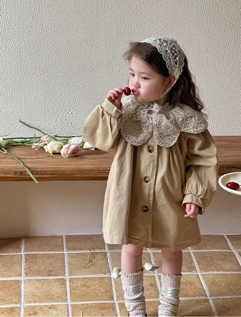 Coat Girl Windbreaker Autumn New Children Clothing Fashion England Medium Length Tops Baby Spring Loose Simple 2024