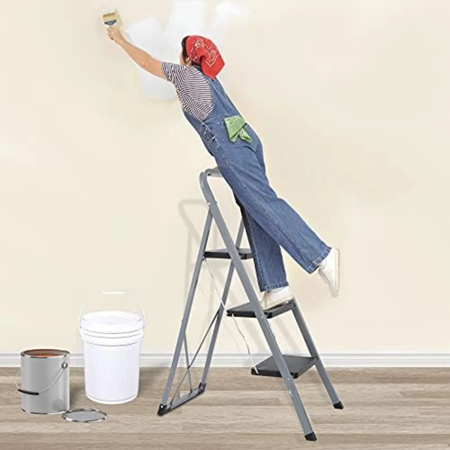 3 Step Folding Ladders with Wide Anti-Slip Platform, Lightweight Steel Ladder, 330 lbs Load Capacity Step Ladder