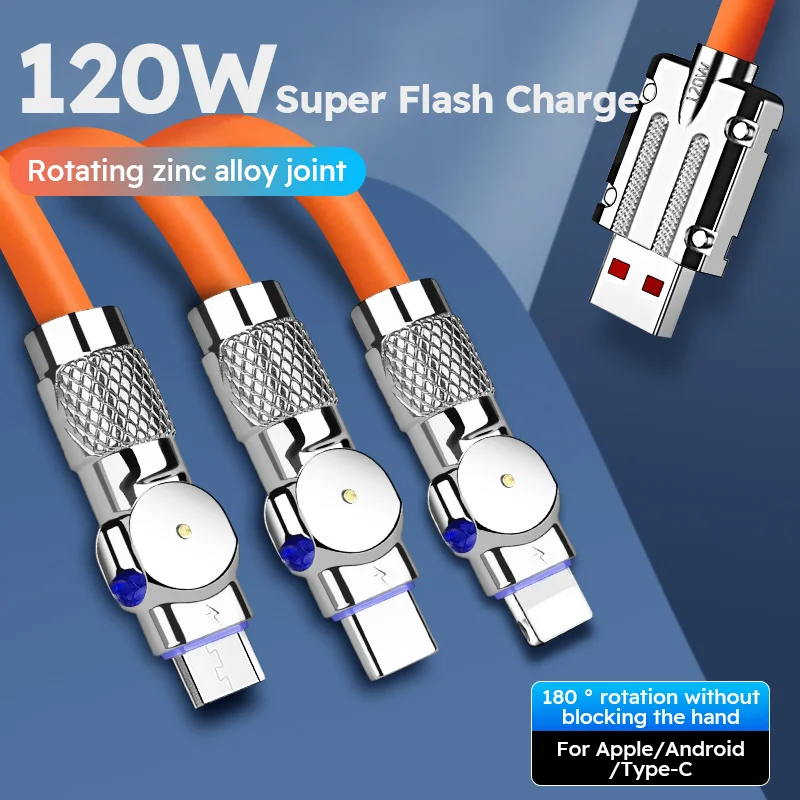 6A 120W 3 in 1 USB Cable  USB Cable Fast Charging Data Cord For Iphone Samsung Huawei Xiaomi Multi Port Multiple Charging Wire