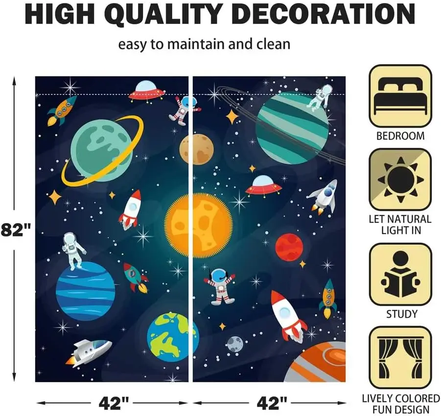 Galaxy Astronaut Space Curtains, Universe Planet Print Rod Pocket Drapes for Kids Nursery Bedroom Living Room Home Decor