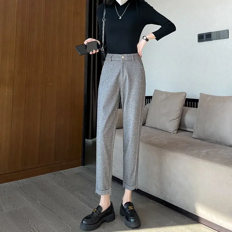 Thickened Woollen Trousers Women\'s Autumn and Winter High Waist Casual Loose Straight Suit Pants Ankle-Length Cigarette Pants