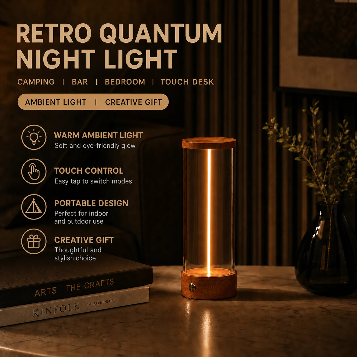 WWPPU Magnetic Suction LED Table Lamp Wood Base Quantum Sconce Cordless Rechargeable Bedroom Bedside Desktop Ambient Light