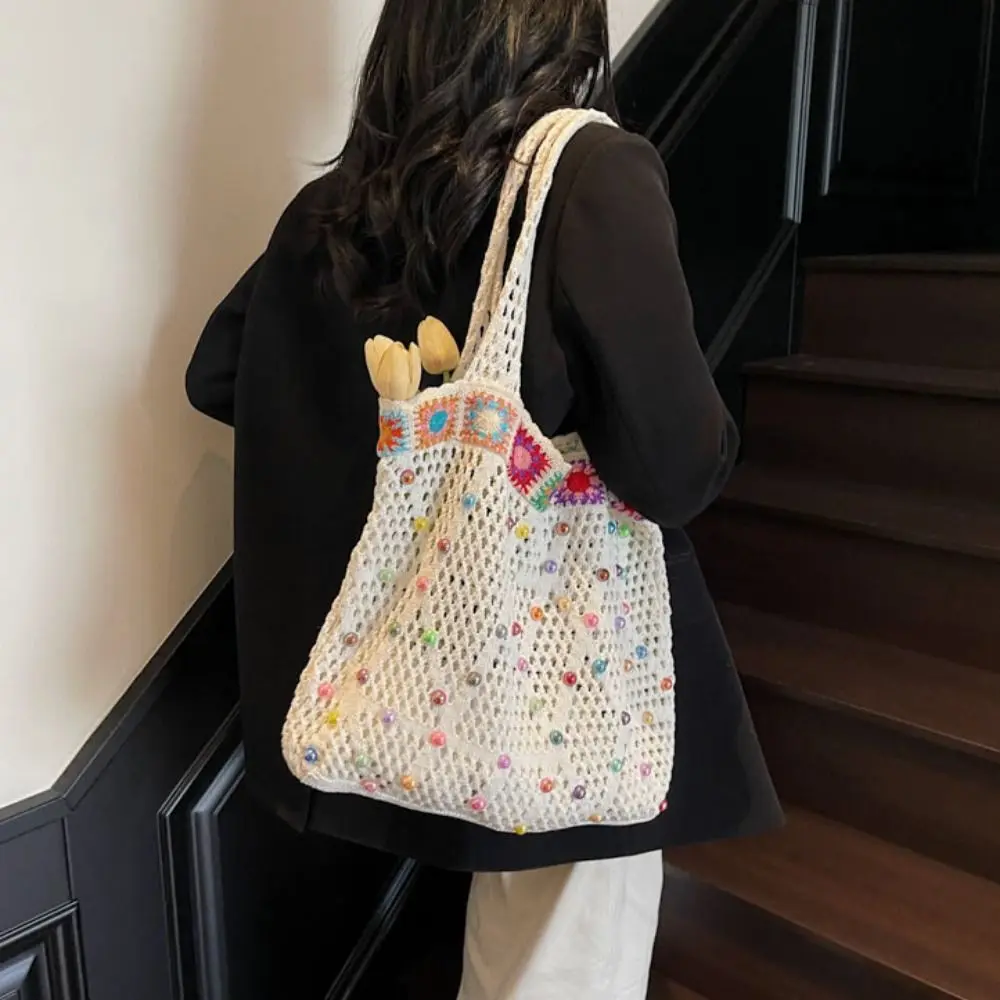 

Korean Style Knitting Shoulder Bag Contrast Color Large Capacity Crochet Tote Bag Hollow Out Solid Color Casual Woven Handbag