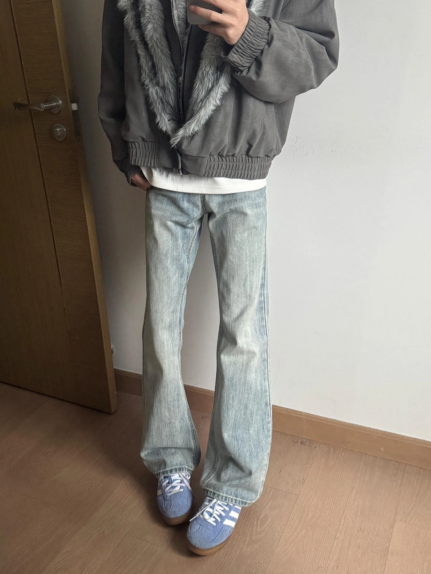 

Retro American Blue Denim Jeans Men's Autumn Winter Fce Slim Straight Leg Micro Flared Pants Youth Casual Wear