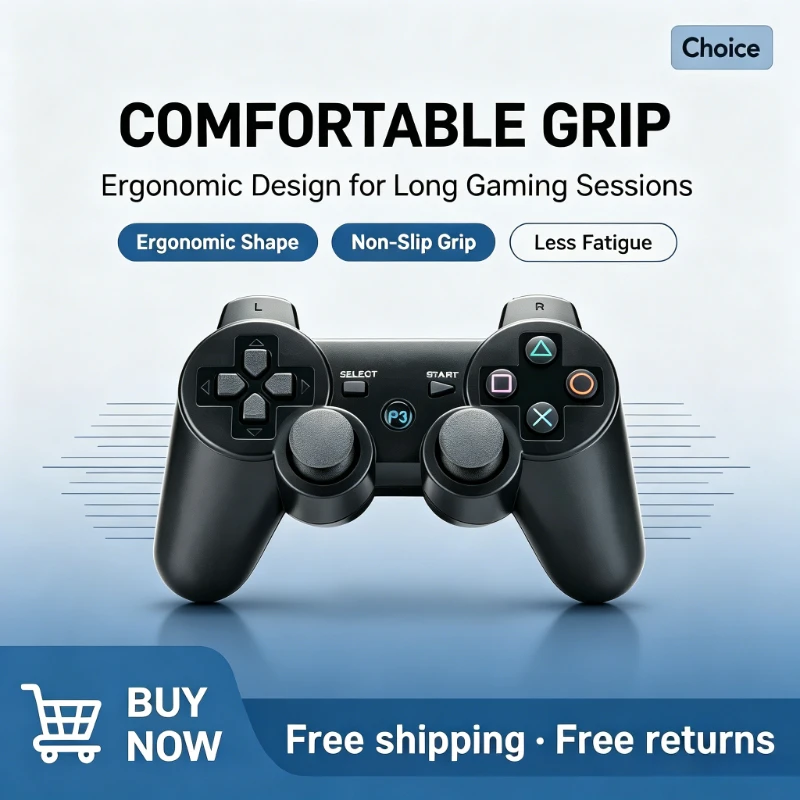 Bezprzewodowy gamepad Bluetooth kompatybilny z PlayStation 3 i PC, ergonomiczny uchwyt dla domowych graczy rekreacyjnych.