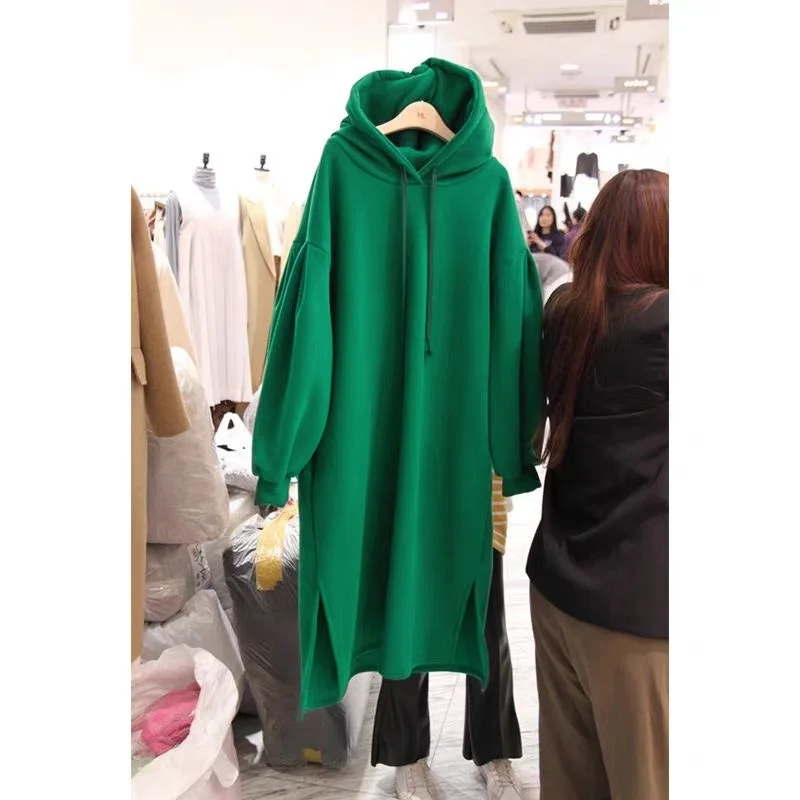 Übergroßes, dickes, mit Kapuze versehenes Midikleid, lockere Winterjacke, warme Damen-Oversize-Jacke, langer Hoodie, lässiger Fleece-Sweatshirt-Mantel, Oberbekleidung – Detail 7