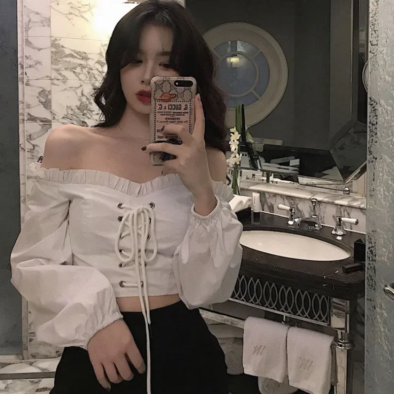 2024 Womens Off Shoulder Top Long Sleeve Ruffle Vintage Blouse with Puff Sleeves Lace Up Ladies Tops Bandage Crop Tops