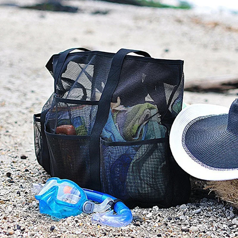1PCS Large Capacity Beach Bag Mesh Beach Tote Bag Portable Folding For Shopping Swimming Camping  Handbag Swim Pool Bag For Trip