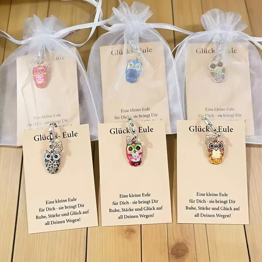 1/5/10/20/50/100pcs Colorful Owl Keychain Set, Includes 6 Keychains/6 Lucky Owl Greeting Cards/6 Mesh Bags, Suitable for Decorat