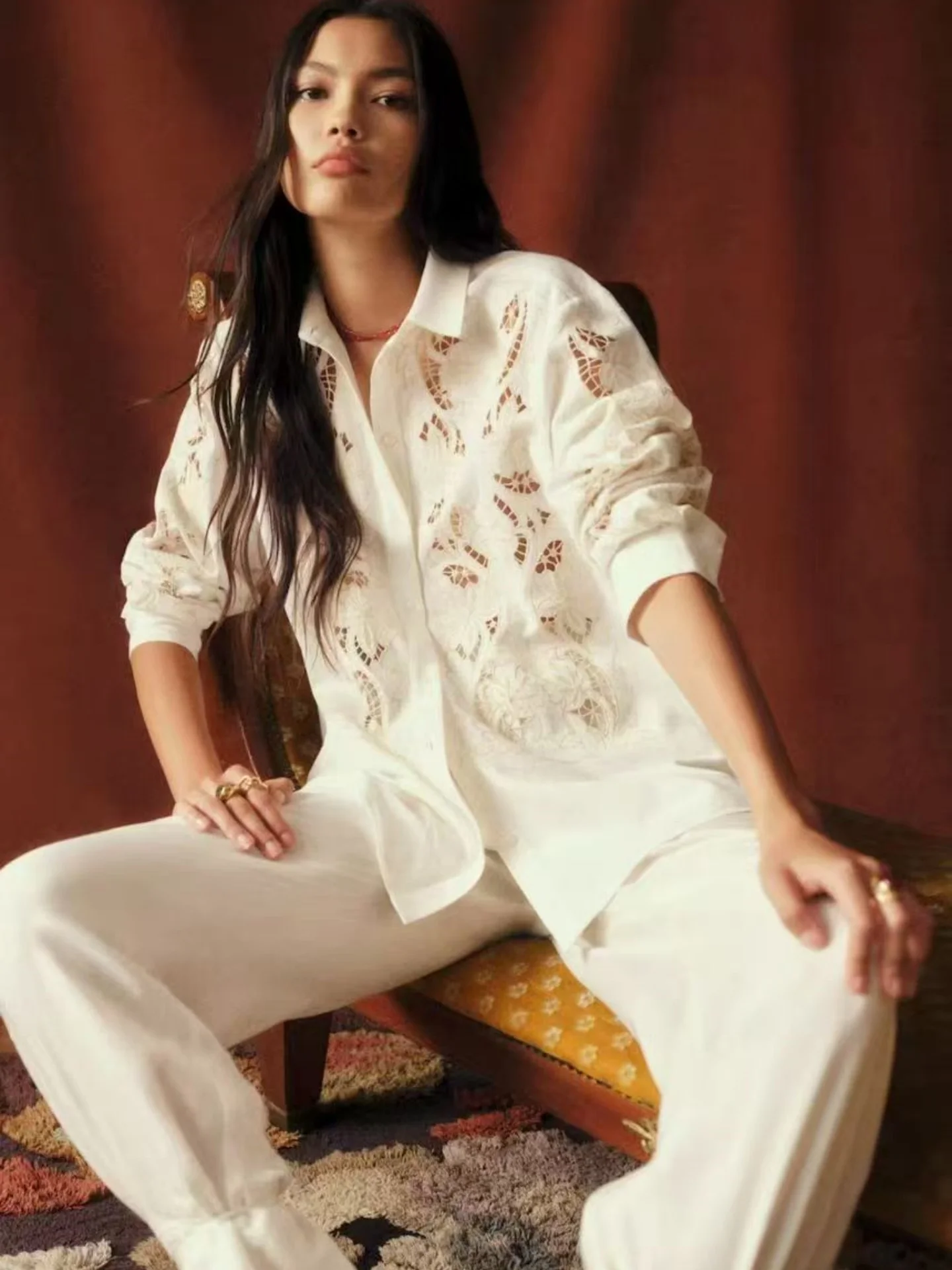 

Retro Embroidered Cotton Long Sleeve Shirt Hollow out Design Turn-down Collar Versatile Work Commute Top for Women