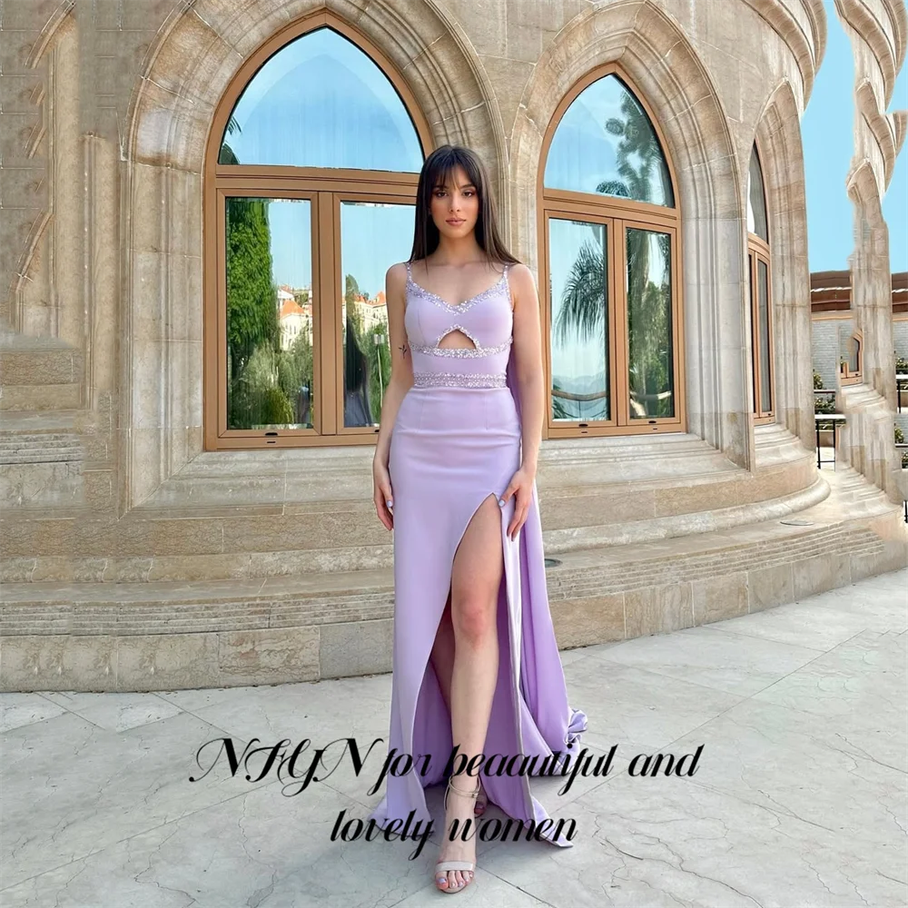 

NFYN Lavender Evening Dresses Spaghetti Strap Party Dresses Satin Cut Out Prom Gown with High Side Slit robes du soir Customized