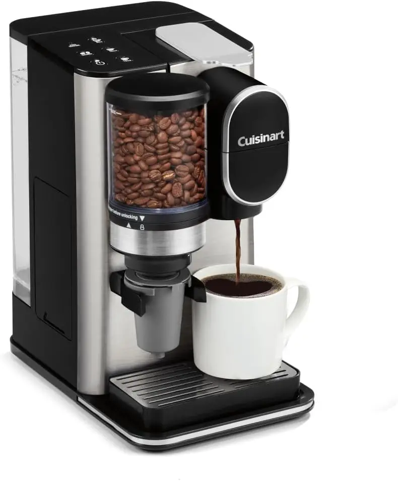 

Single-Serve Coffee Maker with Grinder, 8-12 oz. Sizes, Pod Compatible, 48 oz. Reservoir, Stainless Steel