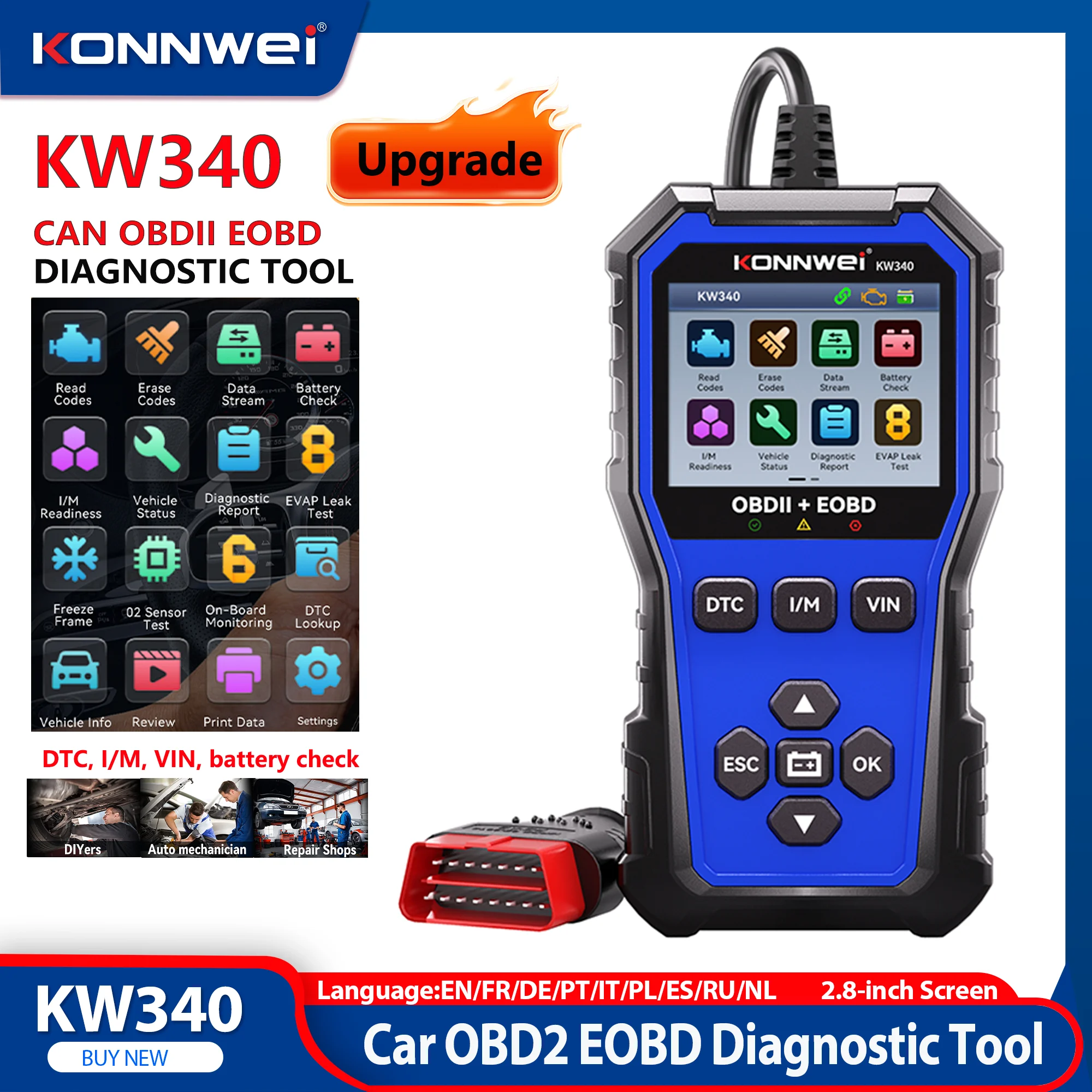2026 KONNWEI KW340 Professional  Car CAN OBD2 EOBD Diagnostic Tool Engine Battery Test Read DTC Fault Code Clear Real-Time Data