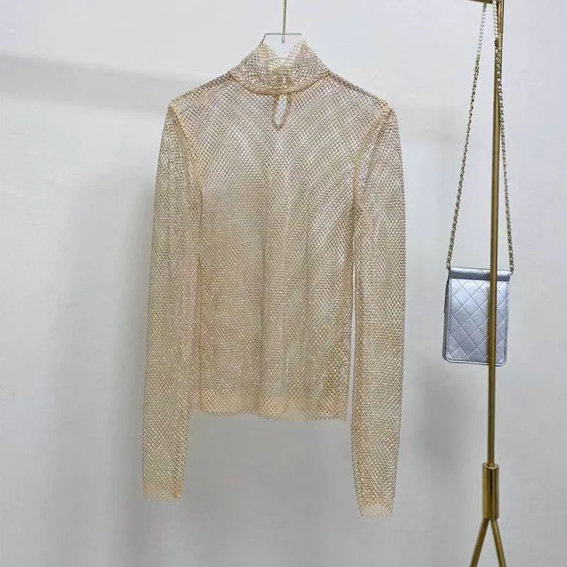Damen Strass-Mesh-Rollkragen-Top, Durchsichtiges Netzshirt, Glitzerndes Transparentes Unterhemd, Eng Anliegend, für Party, Nachtclub, Festival, Clubwear – Detail 6
