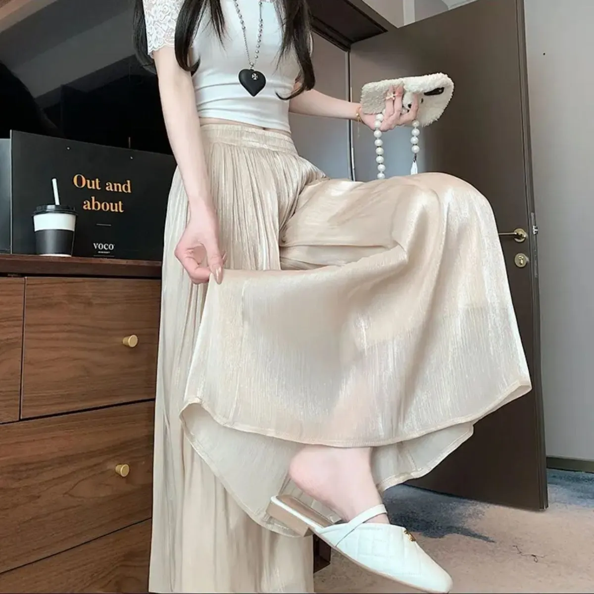 Elegant High Waist Wide Leg Pants Pearl Glass Lace Loose Fit Midi Casual Skirt Pants Korean Style Straight Cut Polyester Fiber