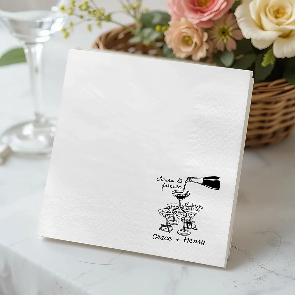 Personalized 20 Sheets Cheers To Forever Cocktail Napkins Wedding Supplies Champagne Tower Napkins Engagement Party Anniversary view 3