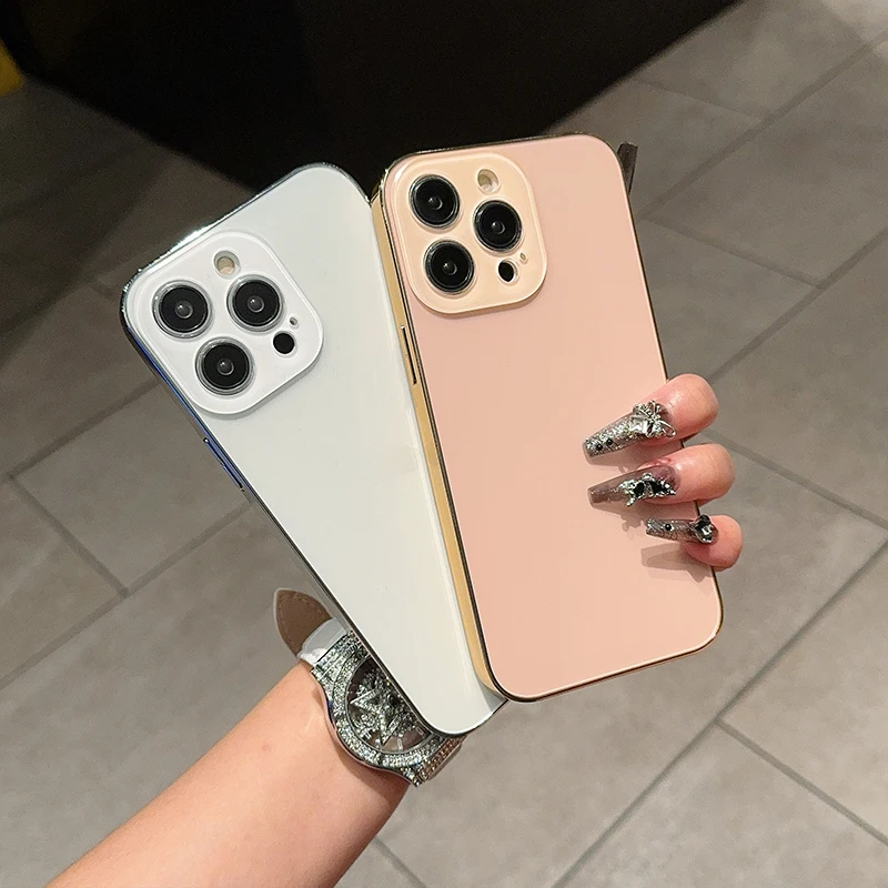 Solid Color Electroplated PC With LOGO Phone Case For iPhone 11 12 13 14 15 16 Pro Max  A Case With Its Own Lens Protector