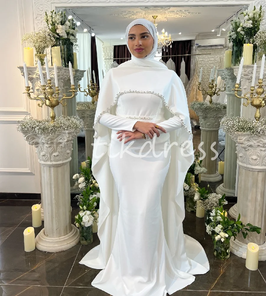 

Elegant Mermaid Muslim Wedding Dress With Cape Modest Long Sleeve Crystal Dubai Islamic Bridal Dress Arabic Bride Customized