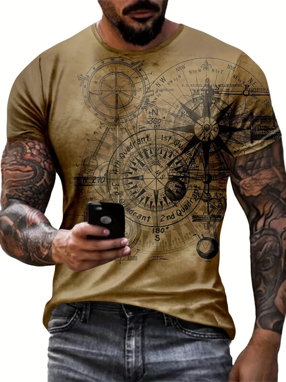 New American men's navigation compass totem print comfortable and breathable round neck T-shirt outdoor urban casual top