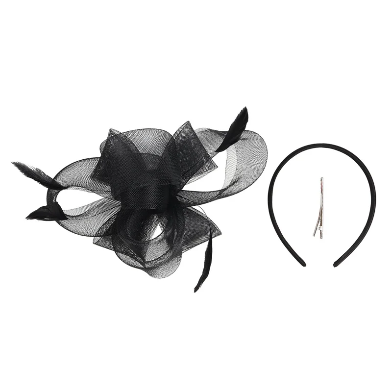 Neuer Braut-Fascinator-Schleifenhut mit Stirnband und Clips, Jockey-Zylinder mit Federn, Hochzeit, Cocktail, Teeparty, Kopfbedeckung für Frauen – Detail 6