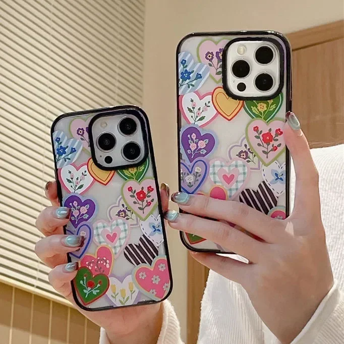 2.0 Version Acrylic Upgrade Border Heart Flower Phone Case Cover for IPhone 11 12 13 14 15 16 Pro Max Case