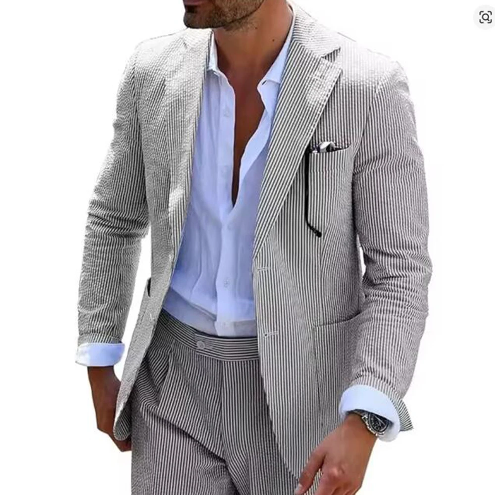 

Summer Stripe Men Suits 2 Pieces Seersucker Notched Lapel Wedding Party Suit Jacket Pants Casual Blazer Slim Fit Groom Tuxedos