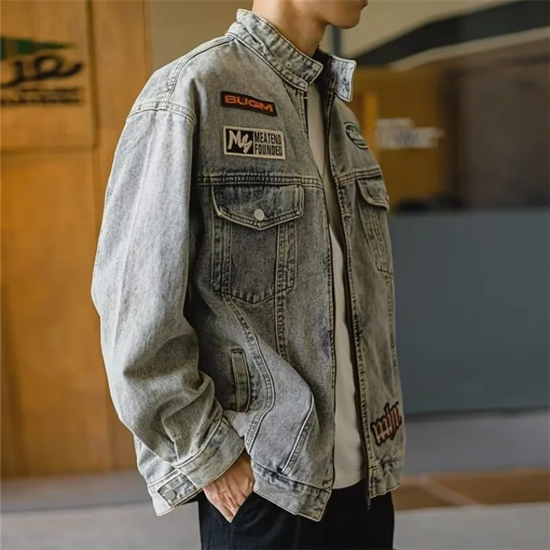 Embroidery Denim Jacket Men Women Hip Hop Loose Casual Vintage Coat Unisex High Street Varsity Baseball Bomber Outwear Autumn