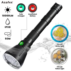 Asafee 50M Underwater 10000LM Professional LED Diving Flashlight XHP70/SST70 IPX8 Waterproof White/Yellow Light Dive Lamp