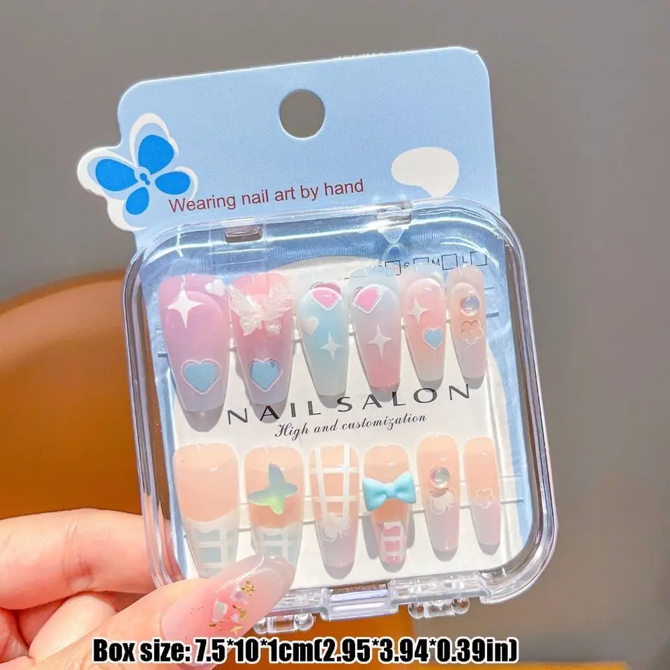 Uñas postizas infantiles de caricatura con diseño de cerezas y corazones, 18 estilos, adhesivas, para niñas y estudiantes 5