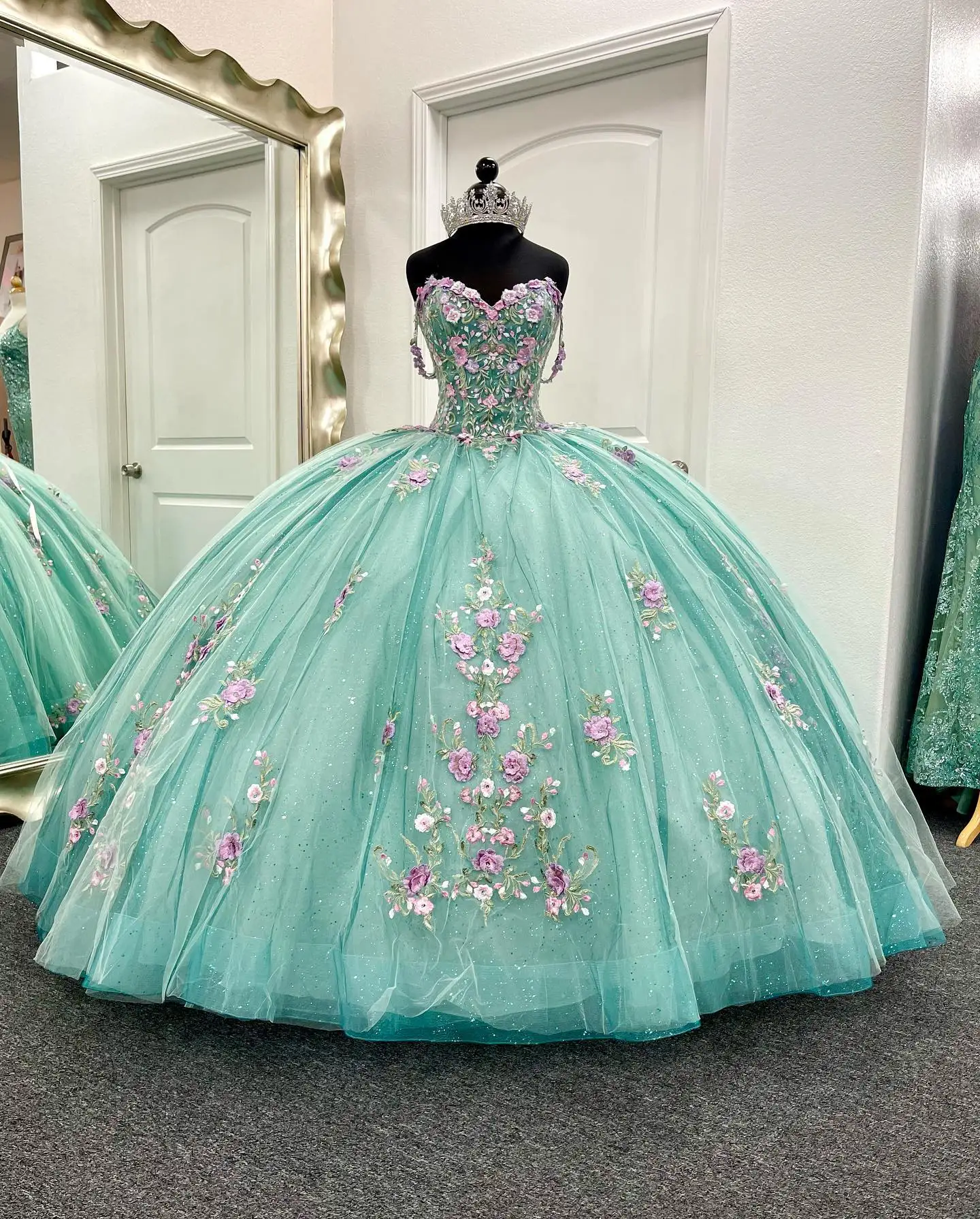 Sage Garden Crystal Beaded Contrasting Floral Embroidered 3D Flowers Quinceanera Gown Charro Mexican Dresses for 15th Girls