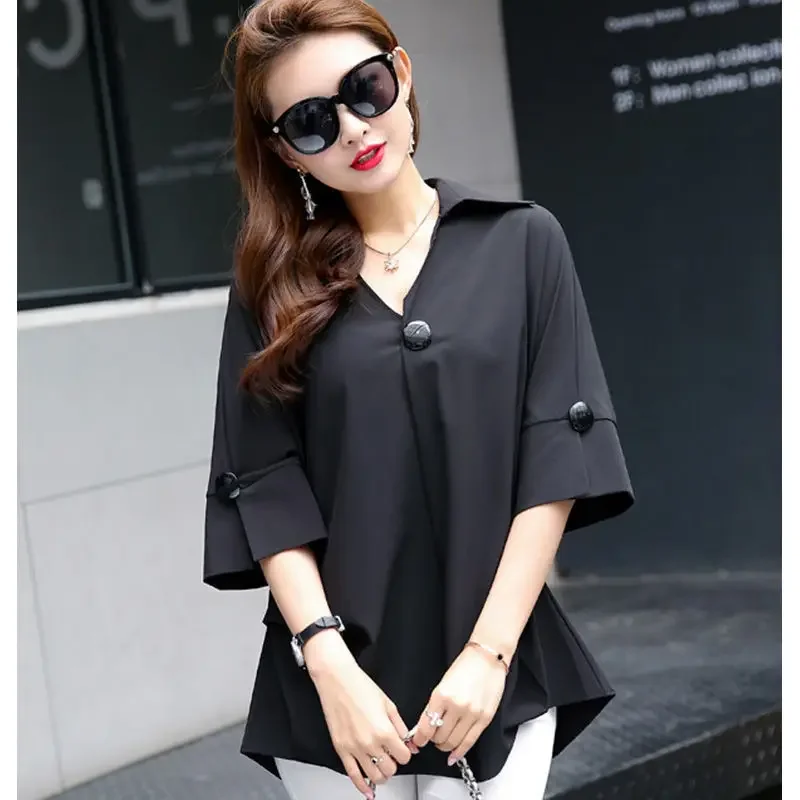 

Summer New Solid Color Loose Blouse Polo Neck Half Sleeve Plus Size L-5XL Shirt Tops Simplicity Casual Fashion Women Clothing