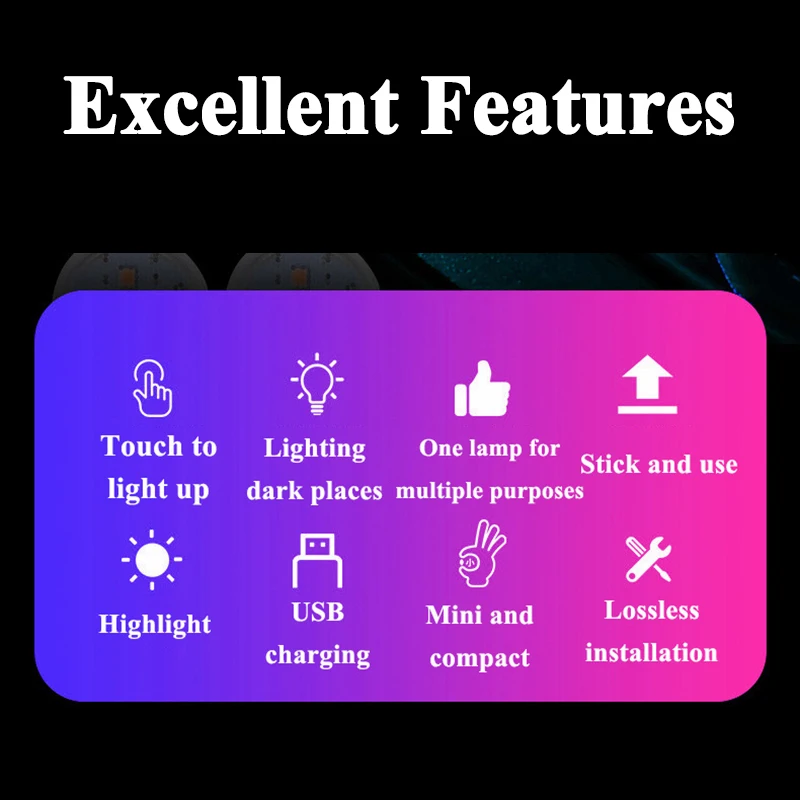 LED Touch Sensor Ambient Lights Mini Wireless Car Interior Atmosphere Lighting Auto Roof Ceiling Reading Lamp USB Rechargeable