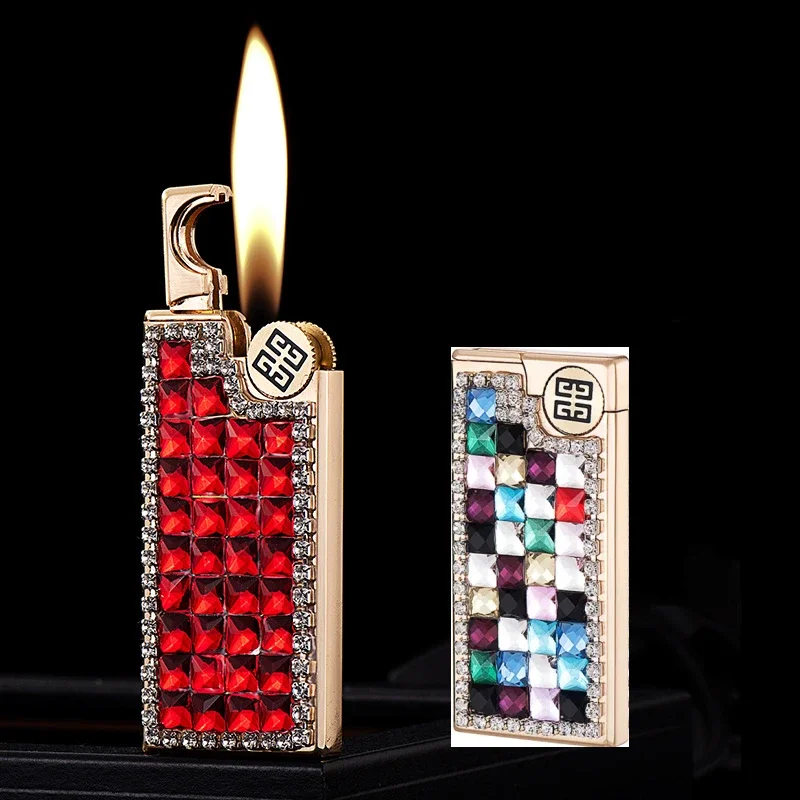 

Роскошная ультратонкая зажигалка ручной работы с инкрустацией цветными бриллиантами, надувной шлифовальный круг с открытым пламенем, зажигалка с зажигалкой для женщин, подарок