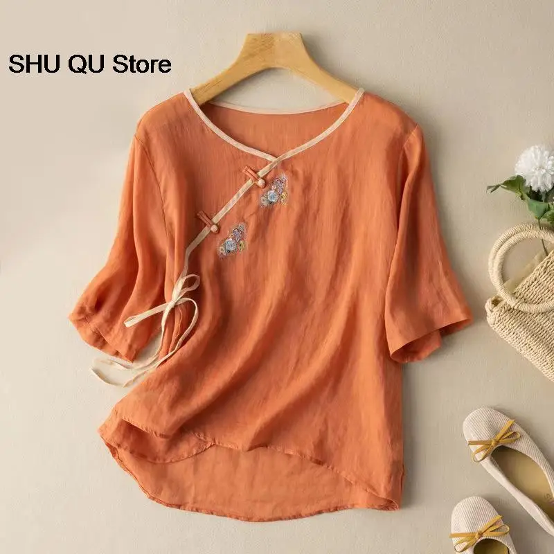 New Spring Summer Traditional Chinese Clothing Women Clothes  Short Sleeve Top Loose Hanfu Tang Suit Round Neck Literary T-shirt