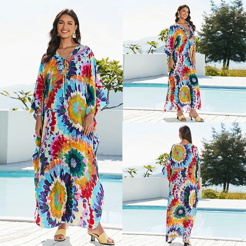 Bedrukte Kaftans Voor Vrouwen Strand Cover Aan Zee Maxi Bohemian Jurken Strandkleding Pareo Badpakken Fabriek Levering Dropshipping