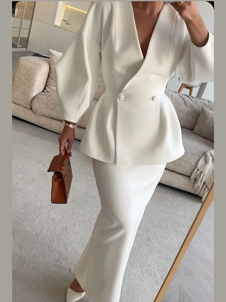 Elegant White Coat Skirt Set V-neck Double Breasted Puff Long Sleeve Blazer Hip Package Fashion Lady Skirt 2 Piece New Outfits