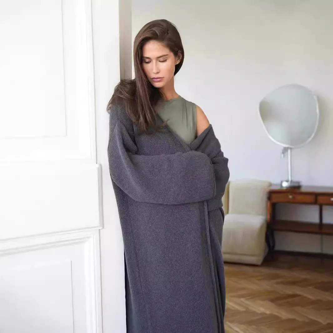 

Knit Cardigan Women Long Coat Full Sleeve V Neck Open Stitch Solid Sweaters Casual Hollow Out Loose Elegant Autumn Knitted