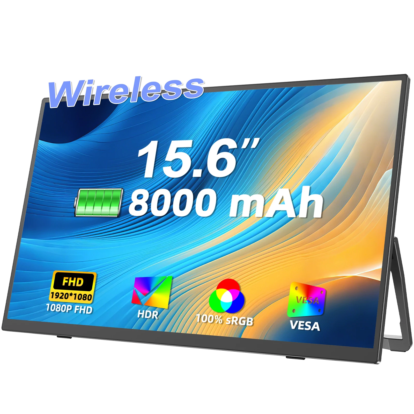 UPERFECT 15,6 Zoll kabelloser tragbarer Monitor, 60 Hz, 16:9, integrierter Akku mit Typ-C-Mini-HDMI-Zweitbildschirm für Laptop/PC/Xbox/PS5
