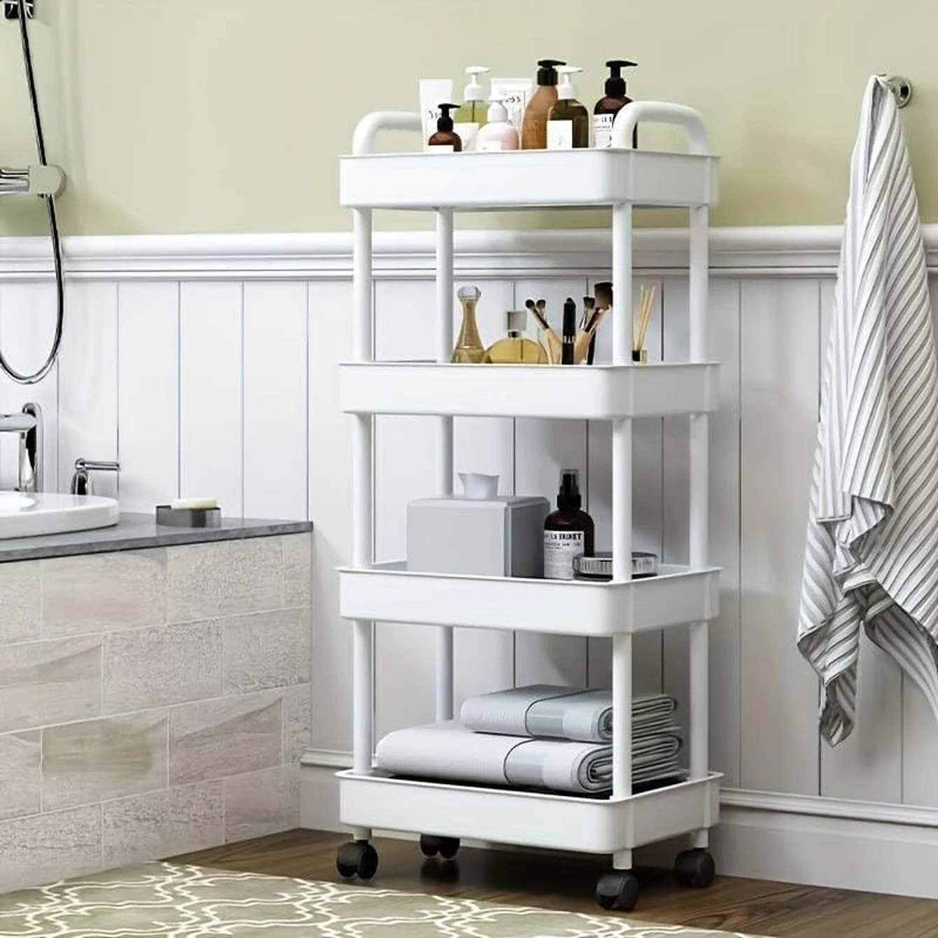 1pc 4-Tier Rolling Storage Cart with Wheels and Sturdy Handle Mobile Organizer for Kitchen Bathroom Office