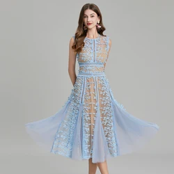 High Quality Luxury Summer Mesh Embroidery Flower Dress Women O Neck Sleeveless Tank Back Golden Zipper Lace Party Midi Vestidos