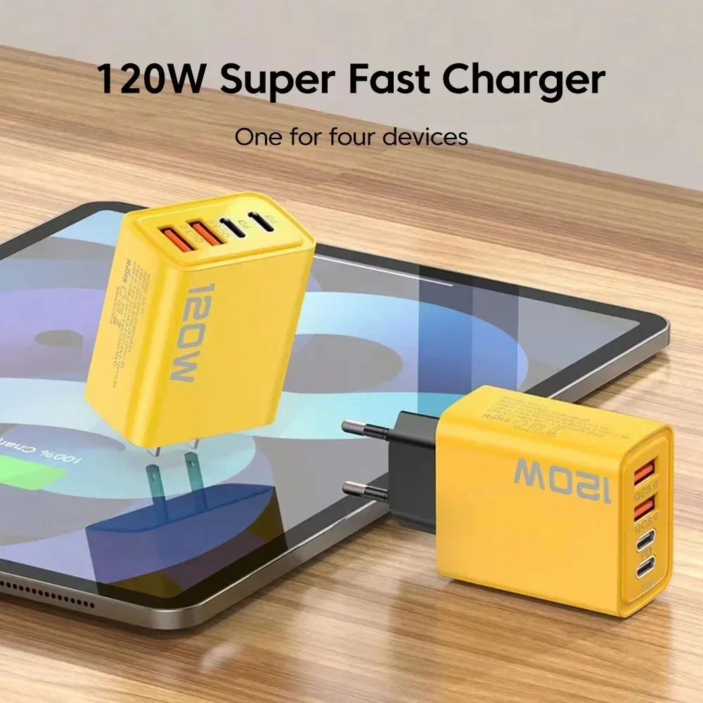 USB C Fast Charger 120W 4 Port PD Quick Charge QC 3.0 For iPhone Samsung Xiaomi Huawei EU US Plug Wall Adapter Phone Charging