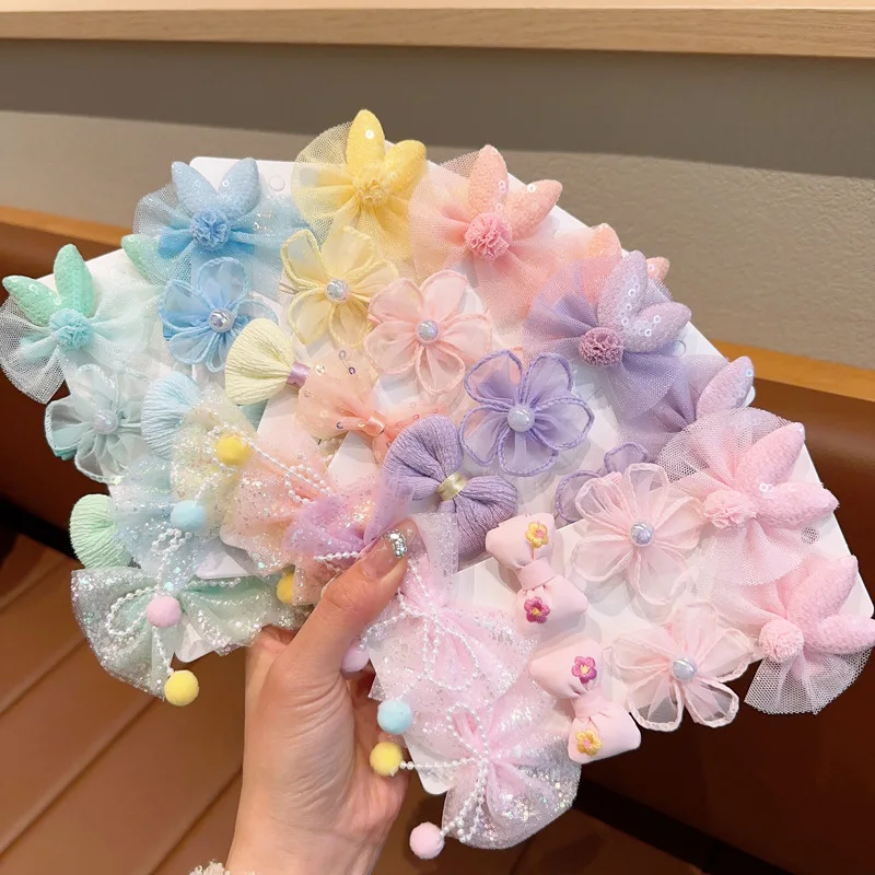 【 8-Piece Set 】 Children\'s Bow Flower Hairpin Headwear Baby Fabric lace Bangs Clip Girl Princess Without Injury Headdress