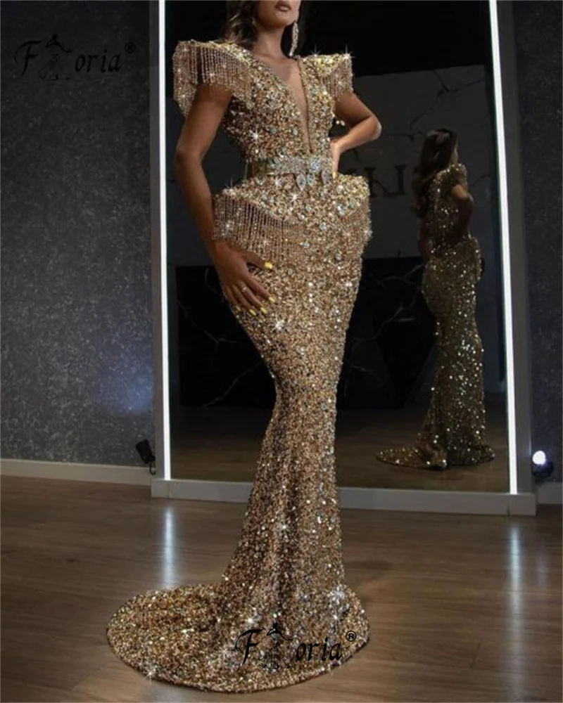 

Exquisite Crystal Sequined Shiny Evening Dress Fully Handmade Beads Dubai V Neck Wedding Party Gowns Vestido De Noiva Gold Bling