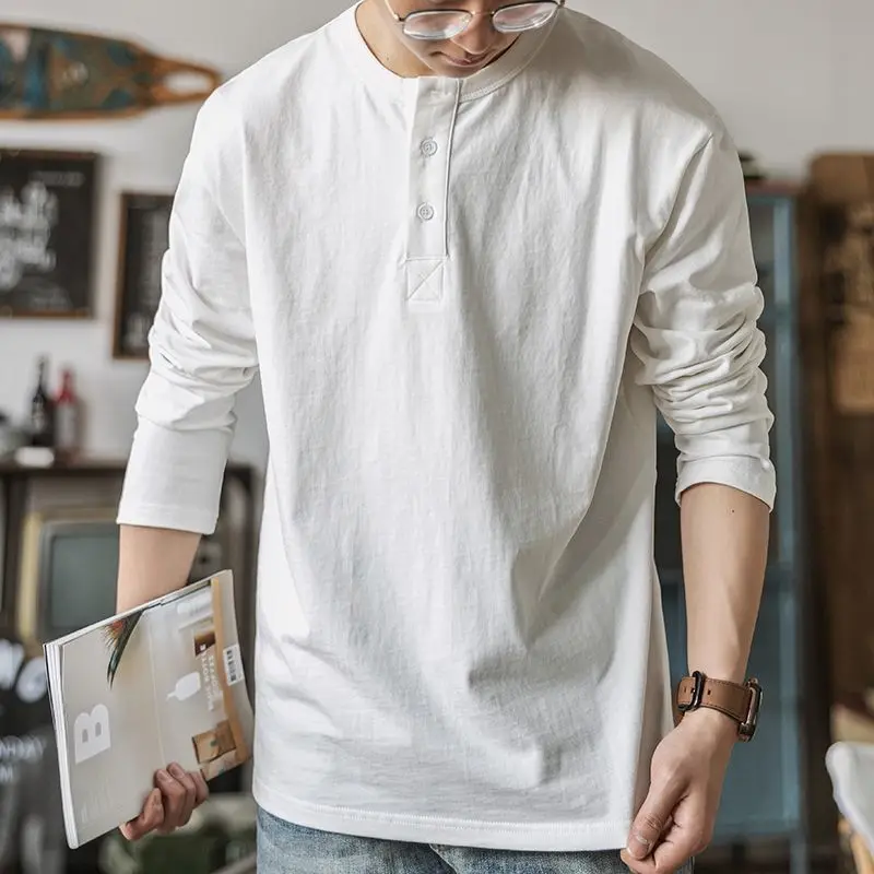 Man Base Layer 2025 Autumn New Retro Henley Shirt Men's Loose Fit Collared Long Sleeve Base