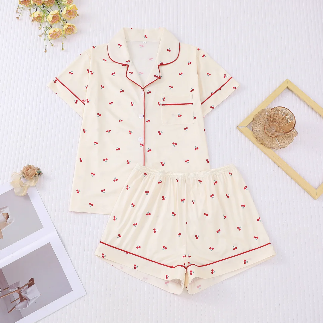 

Женская пижама с вишневым принтом, белые шорты с лацканами и короткими рукавами, домашняя одежда, комплект домашней одежды