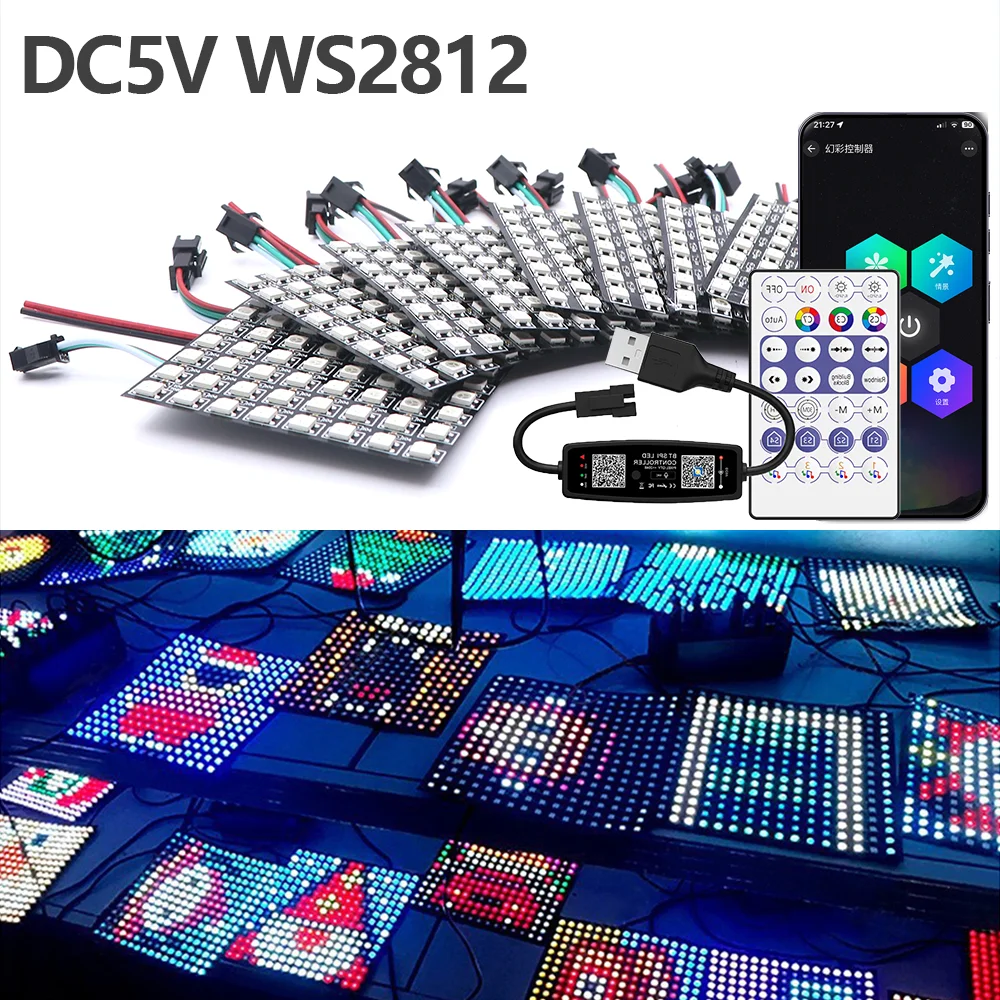 Individually Addressable WS2812 Module Matrix Screen 8X8 16X16 8X32 With USB 28Keys 2.4G Controller Music WS2812 LED Panel Light