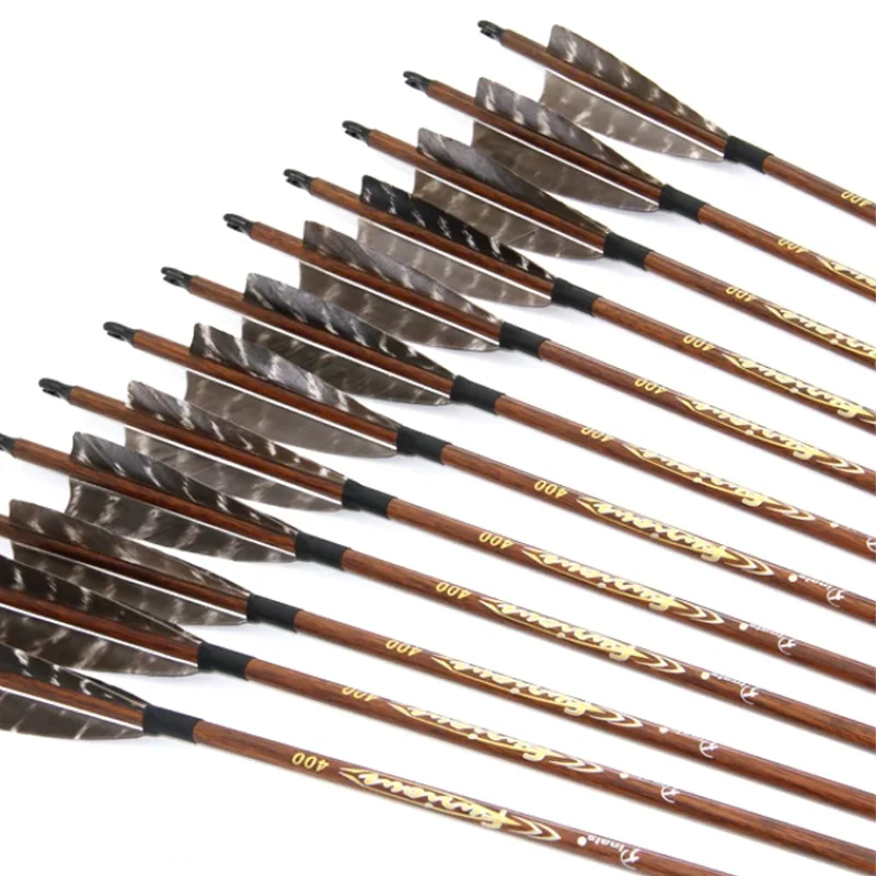 6/12cps 32inch True Feather Wood Skin Pure Carbon Arrows Pure for Traditional Bow American Hunter Bow spine 400 500 600